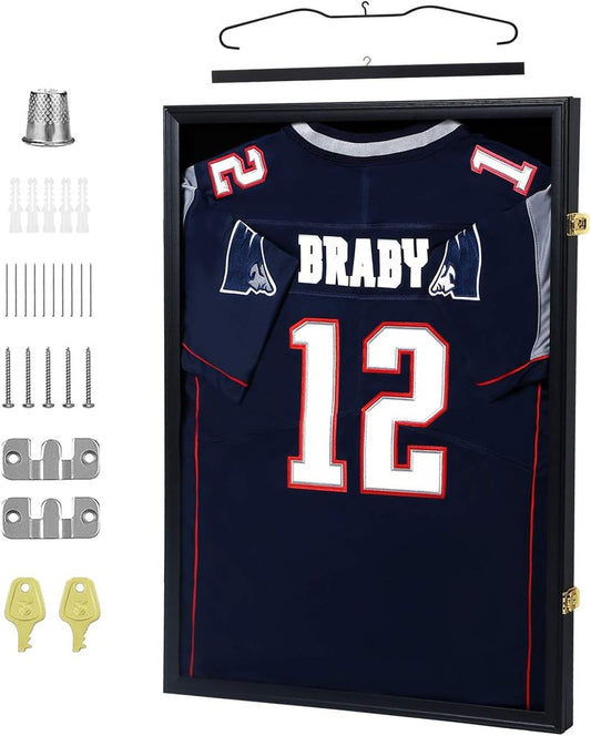 Jersey Display Frame Case - Lockable Sports Shadow Box with UV Protection Acrylic | Large Size for Baseball, Basketball, Football, Soccer, Hockey - Black