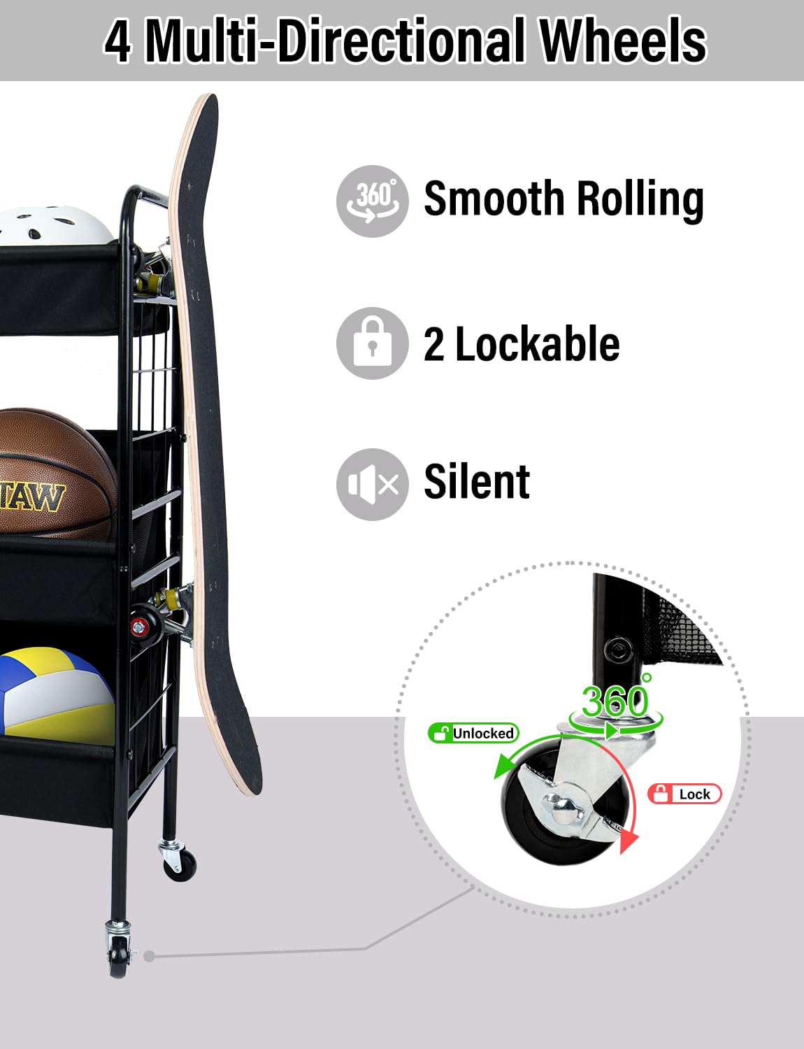 StorageWorks Sports Equipment Organizer with Hooks, Ball Rack Organizer with Wheels, 3-Shelf Ball Rack for Basketball, Football, Volleyball, Large