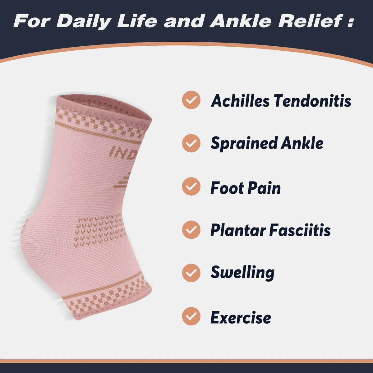INDEEMAX Copper Ankle Brace for Women Men, Left and Right Foot Compression Support Sleeve Ankle Wrap Socks for Plantar Fasciitis, Sprained, Football, Running (Golden Pink, Medium)