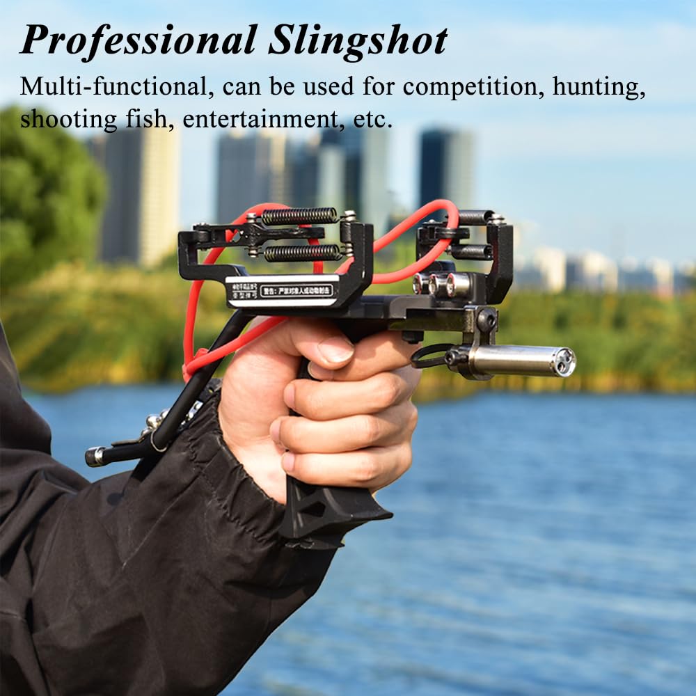 SUFFUSE Professional Hunting Sling Shot, Wrist Rocket Slingshots for Adults with Aiming Device, Powerful Fishing Slingshot with 4 Rubber Bands (Black)