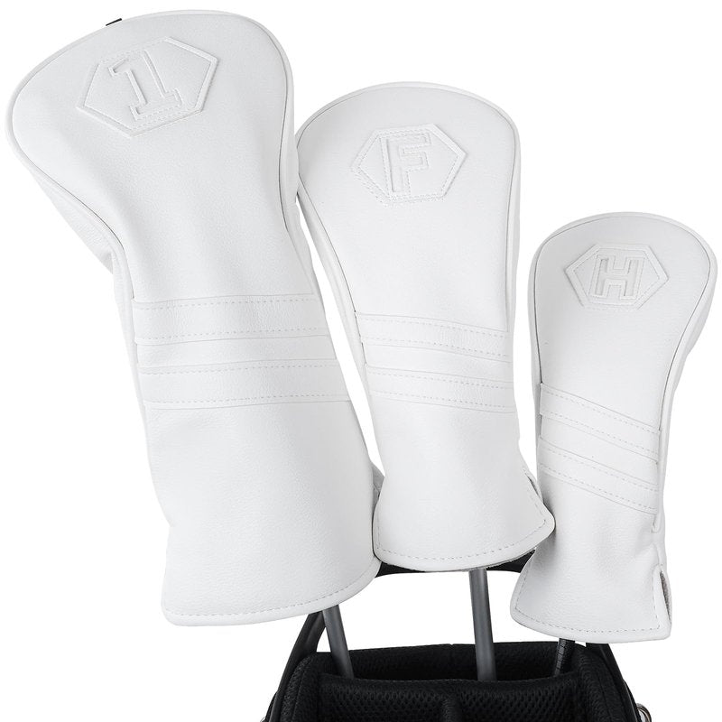Golf Club Head Covers for Woods and Drivers, Premium PU Leather Striped Simple Golf Club Covers, Golf Headcovers Set All White (Set/D F H)