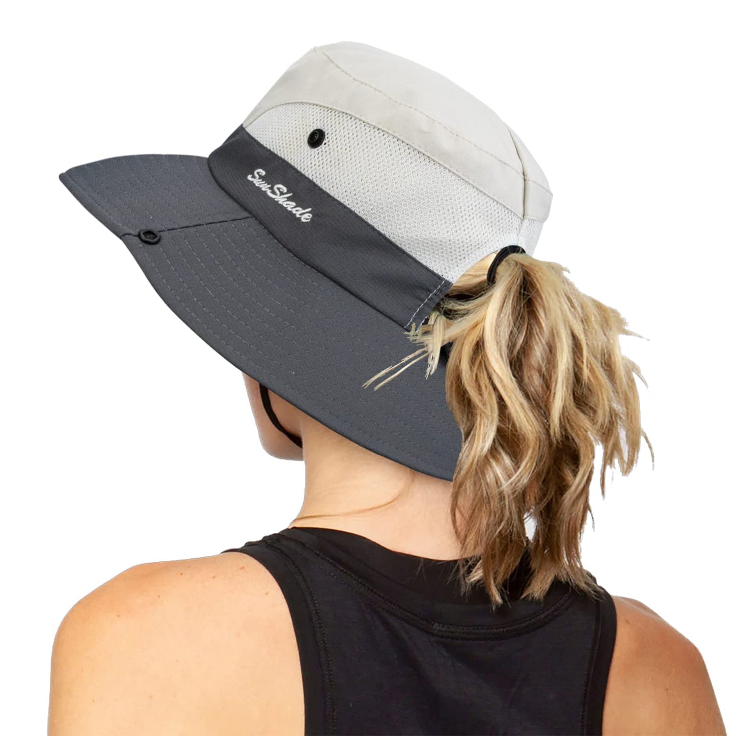 Women's Outdoor UV-Protection-Foldable Sun-Hats Mesh Wide-Brim Beach Fishing Hat with Ponytail-Hole Beige/Grey