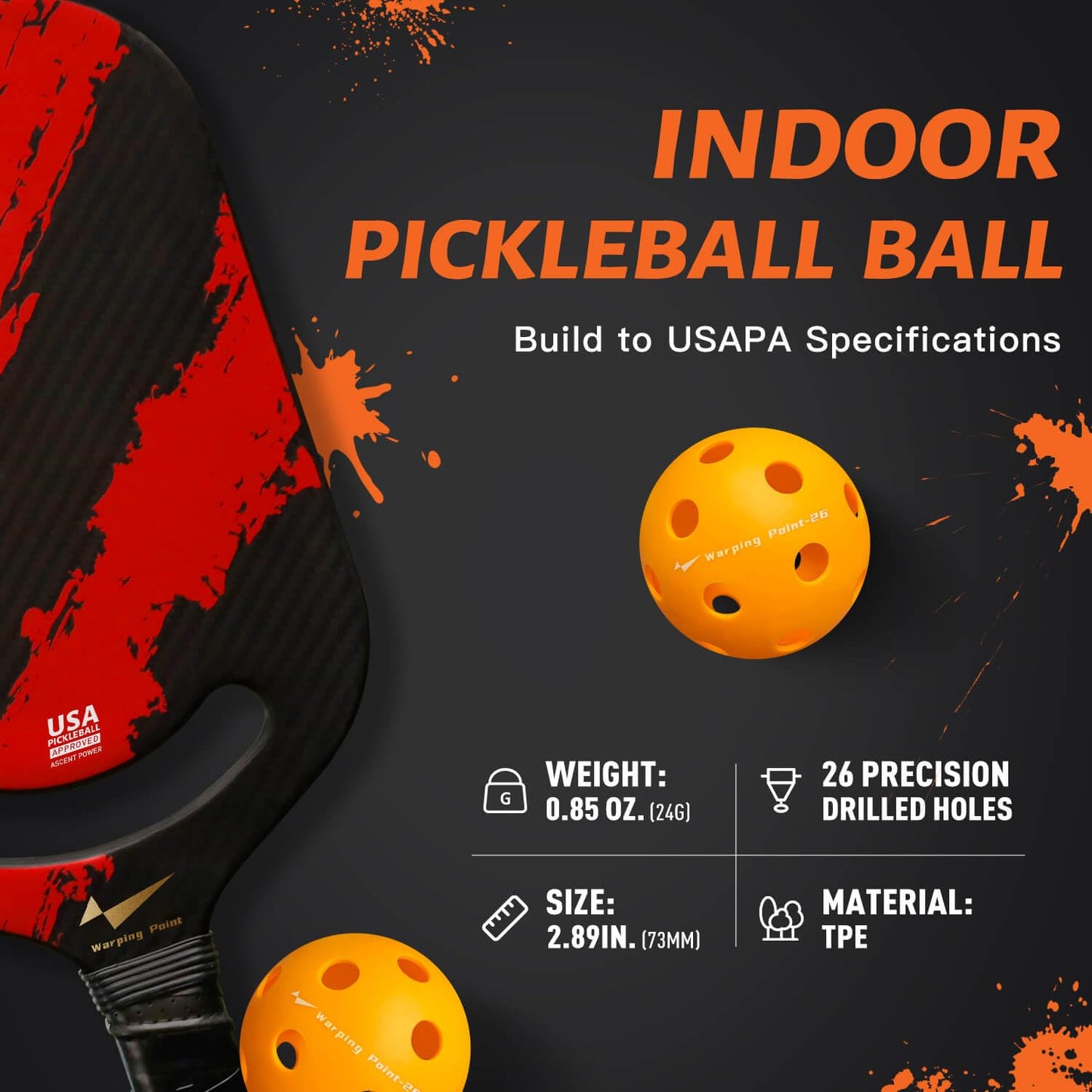 Warping Point Indoor Pickleball Balls, 12 Pack 26 Holes Orange PickleBalls with Mesh Bag, Meet USAPA Specifications, High Bounce Durable Practice Pickle Ball for Beginners Intermediate Player