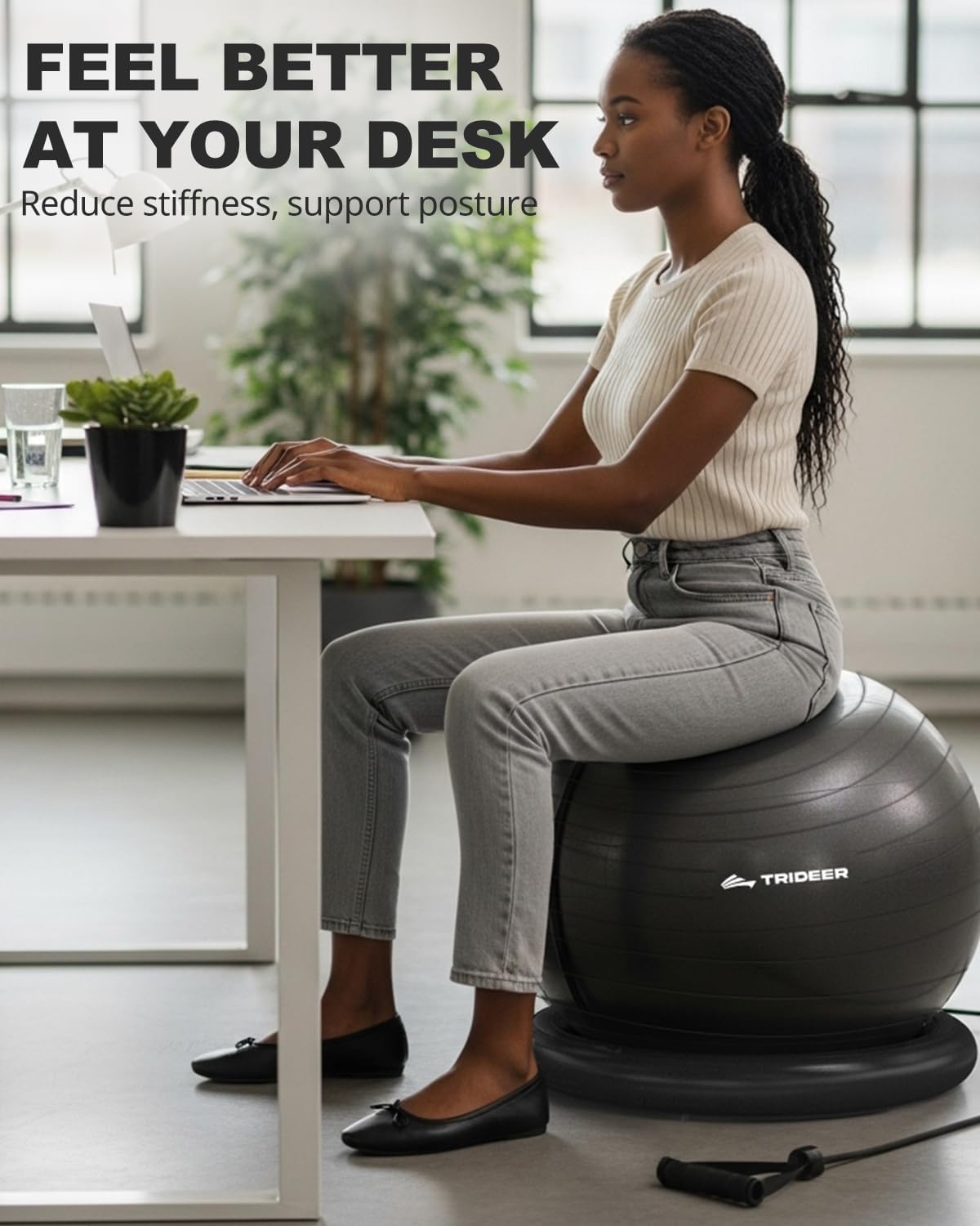 Trideer Exercise Ball Chair - Stability Ball Seat for Core Workout & Back Support | Includes Base & Resistance Bands