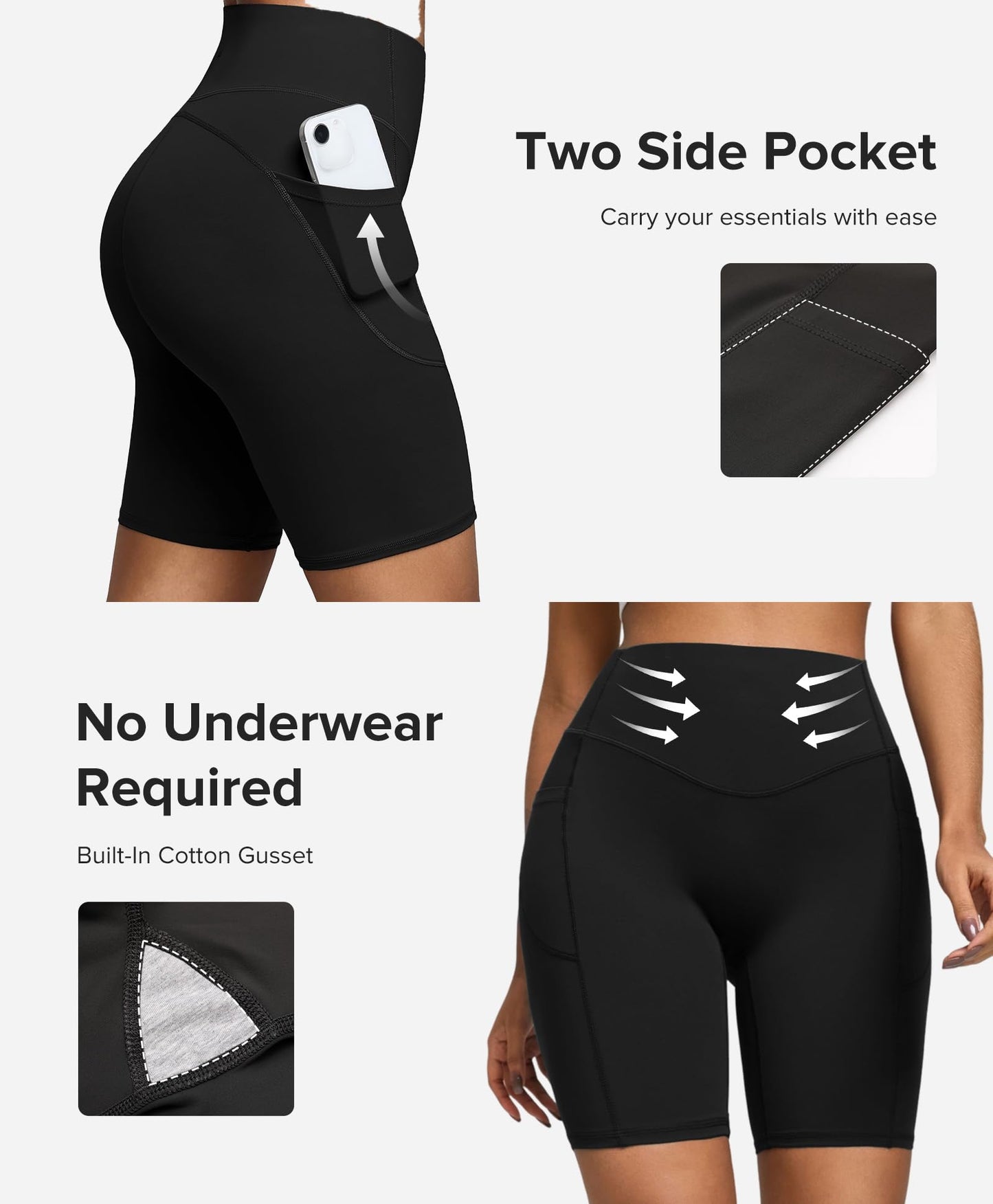 BRXL BrxlZero Biker Shorts Women Pockets 8" No Front Seam High Waisted Compression Workout Tummy Control Running Yoga Black S
