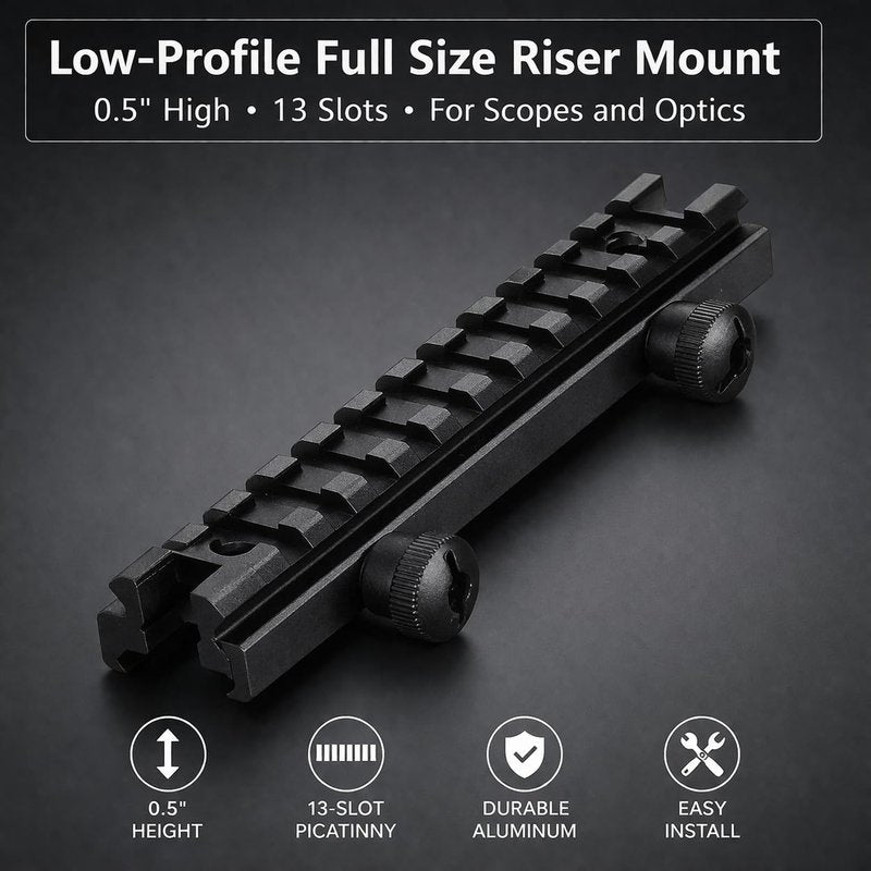 360 Tactical Low-Profile Full Size Riser Mount, 0.5" High 13 Slots Riser Mount 0.5 inch High for Scopes and Optics Three T Trading