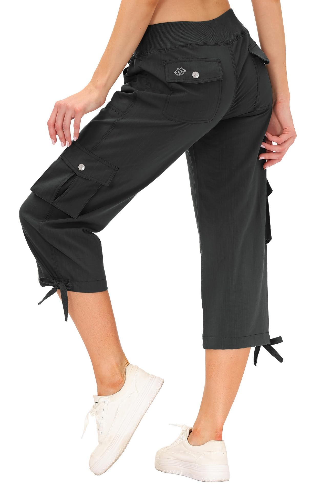 MoFiz Womens Capris with Pockets Loose Fit Casual Capri Pants Dressy Lightweight Ladies Baggy Cargo Pants for Hiking Dark Grey S