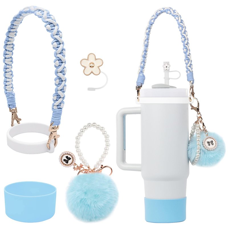 BELSITA Stanley Cup Accessories Set, Pom Pom Pearl Chain Braided Design Water Bottle Handle Strap, Silicone Stanley Cup Boot, Stanley Charms for Stanley Cup 30/40oz Tumble (Green)