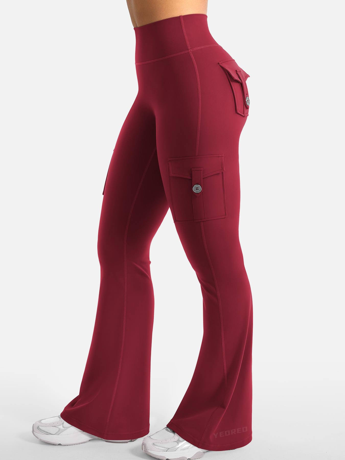 YEOREO CoreFlex Women Workout Flare Leggings with Pockets Hidden Scrunch Cargo Gym Yoga No Front Seam Leggings Wine XL