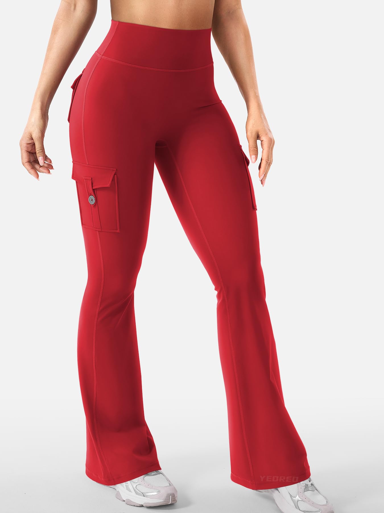 YEOREO CoreFlex Women Workout Flare Leggings with Pockets Hidden Scrunch Cargo Gym Yoga No Front Seam Leggings Red S