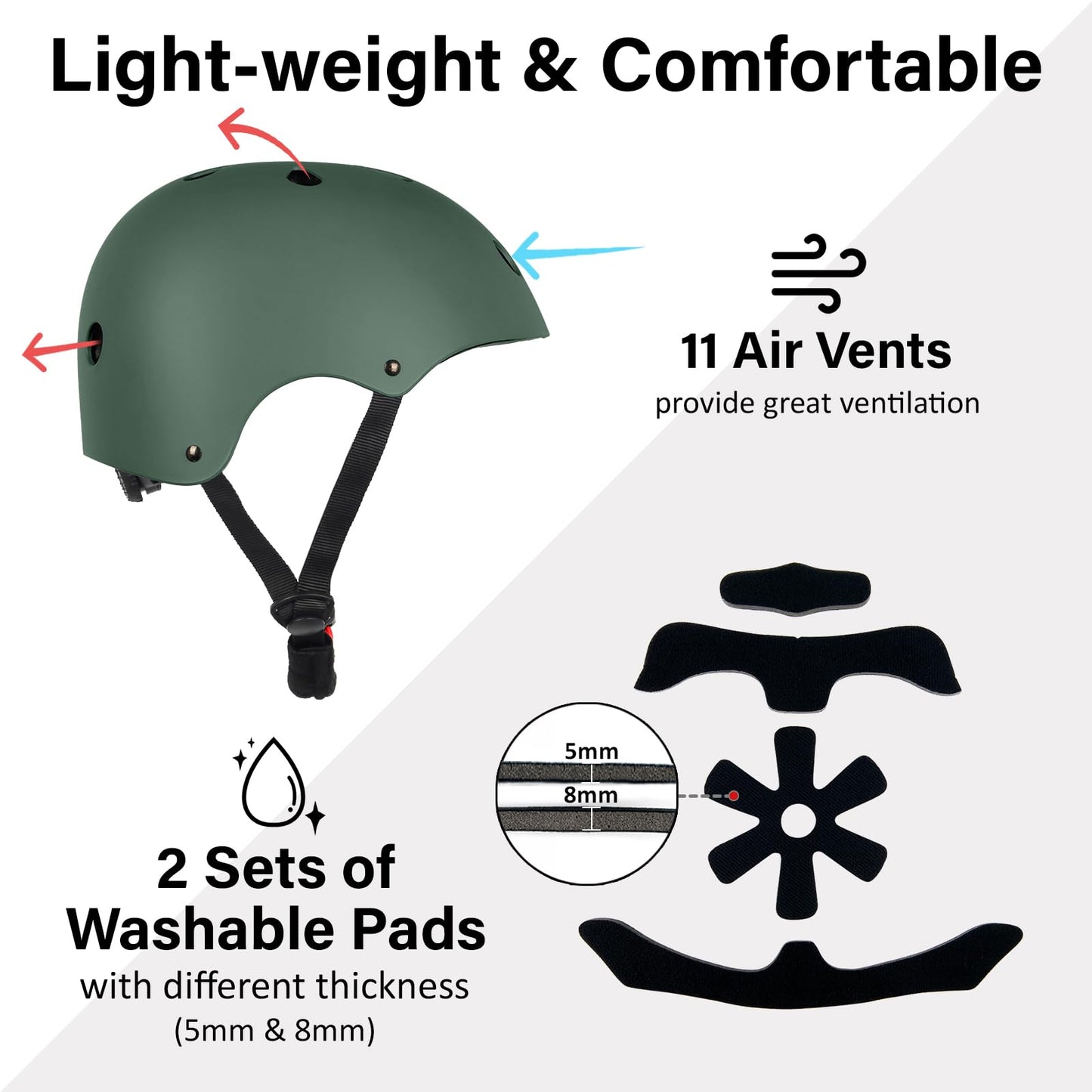 OUWOR Adult Skateboard Bike Helmet for Men and Women, Lightweight Adjustable, Multi-Sport for Bicycle Skate Scooter (Blackish Green, Large)