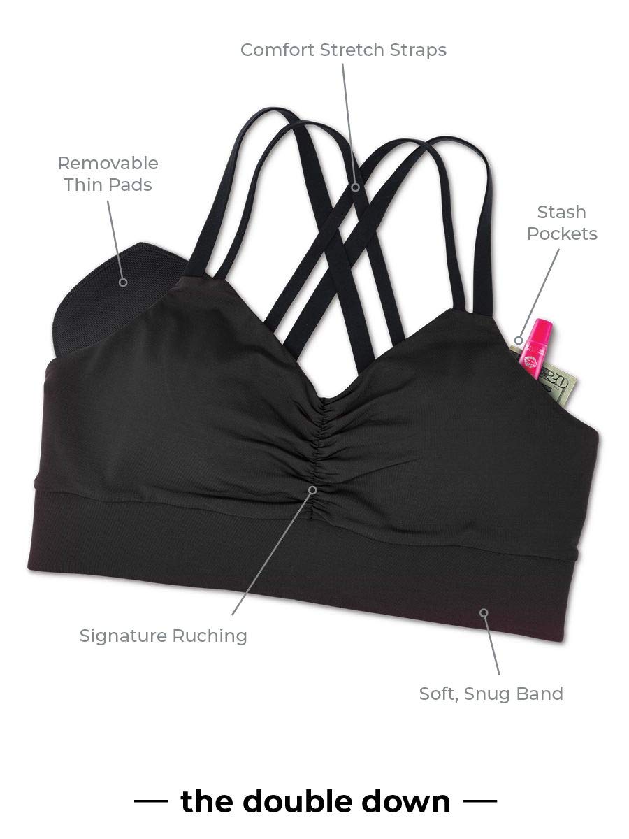 Handful Double Down Women's Medium Impact Sports Bra, Removable Pad Inserts, Wire Free, Cross Back, Strappy Yoga Bra, Booya Black, Small