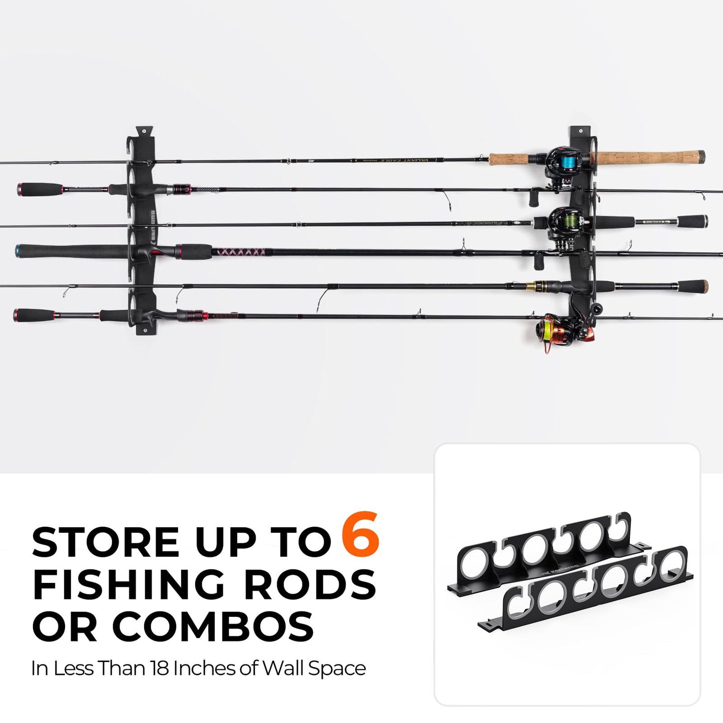 KastKing SafeGuard Fishing Rod Holder for Garage, Wall or Ceiling Mounted Fishing Rod Rack Storage Organizer, Fishing Pole Holder Holds 6 Rods or Combos in Less Than 18 Inches