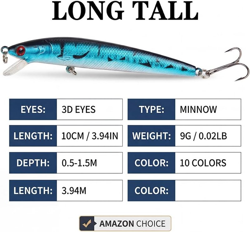 Fishing Lures Kit - 10 Pack 3D Artificial Minnow Crankbait & Swimbait for Freshwater & Saltwater Fishing | Bass, Trout, Walleye, Redfish