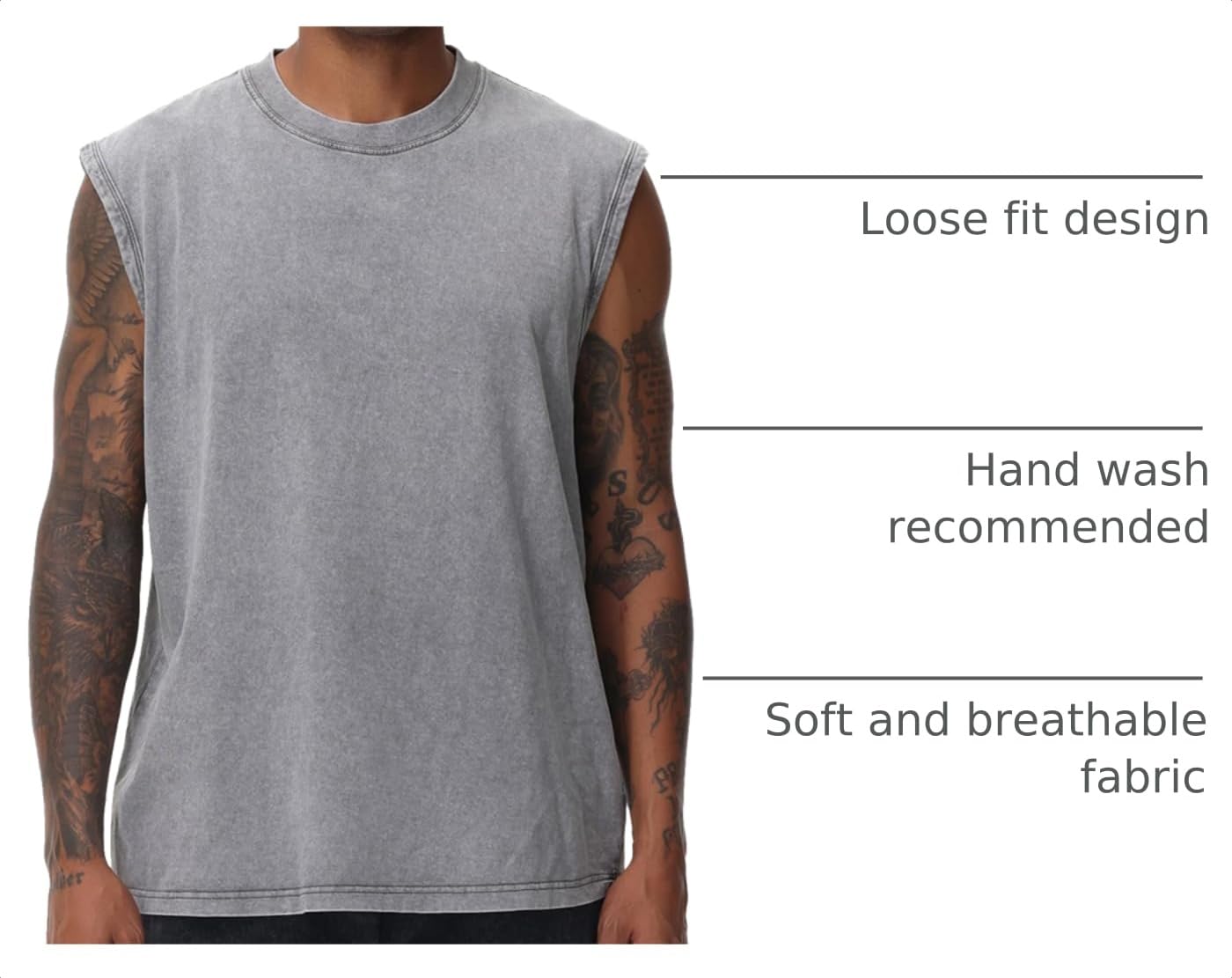 Mens Workout Tank Tops Sleeveless Tee Shirts Men Muscle Shirt Gym Acid Wash T Shirts Running Beach Loose Fit Tee(GY,XL) Grey