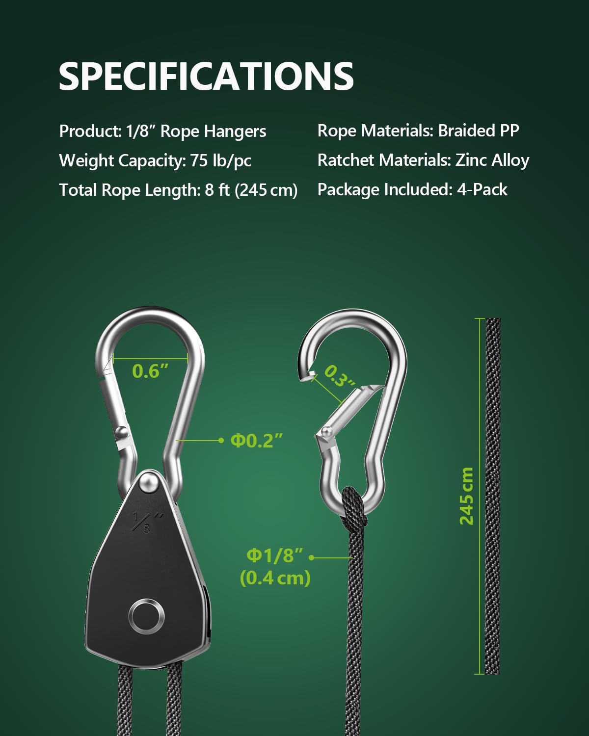 STAYGROW 4-Pack 1/8" Rope Hanger, Heavy Duty Ratchet Tie Down Strap