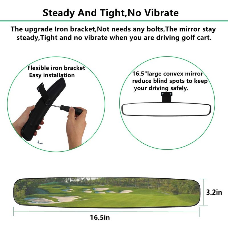 HKOO Golf Cart 16.5" Wide Folding Side & Rear Panoramic Mirrors - Fits Club Car, EZGO, Yamaha Combo Pack