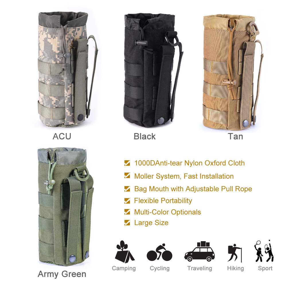 Upgraded Sports Water Bottles Pouch Bag, Tactical Drawstring Molle Water Bottle Holder Tactical Pouches, Travel Mesh Water Bottle Bag Tactical Hydration Carrier (Army-1Pack)