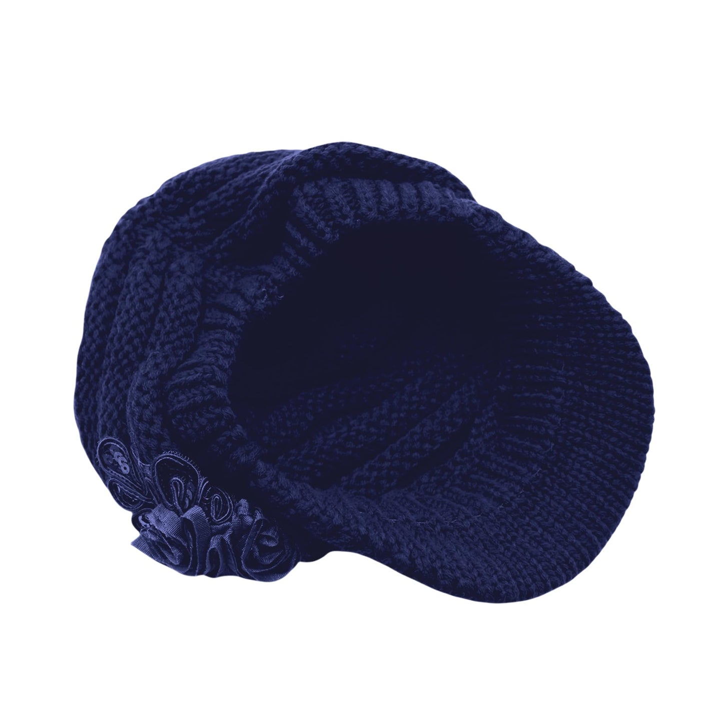 Caviotess C-US Women Winter Warm Knit Hat Crochet Visor Brim Cap with Flower Accent Dark Blue