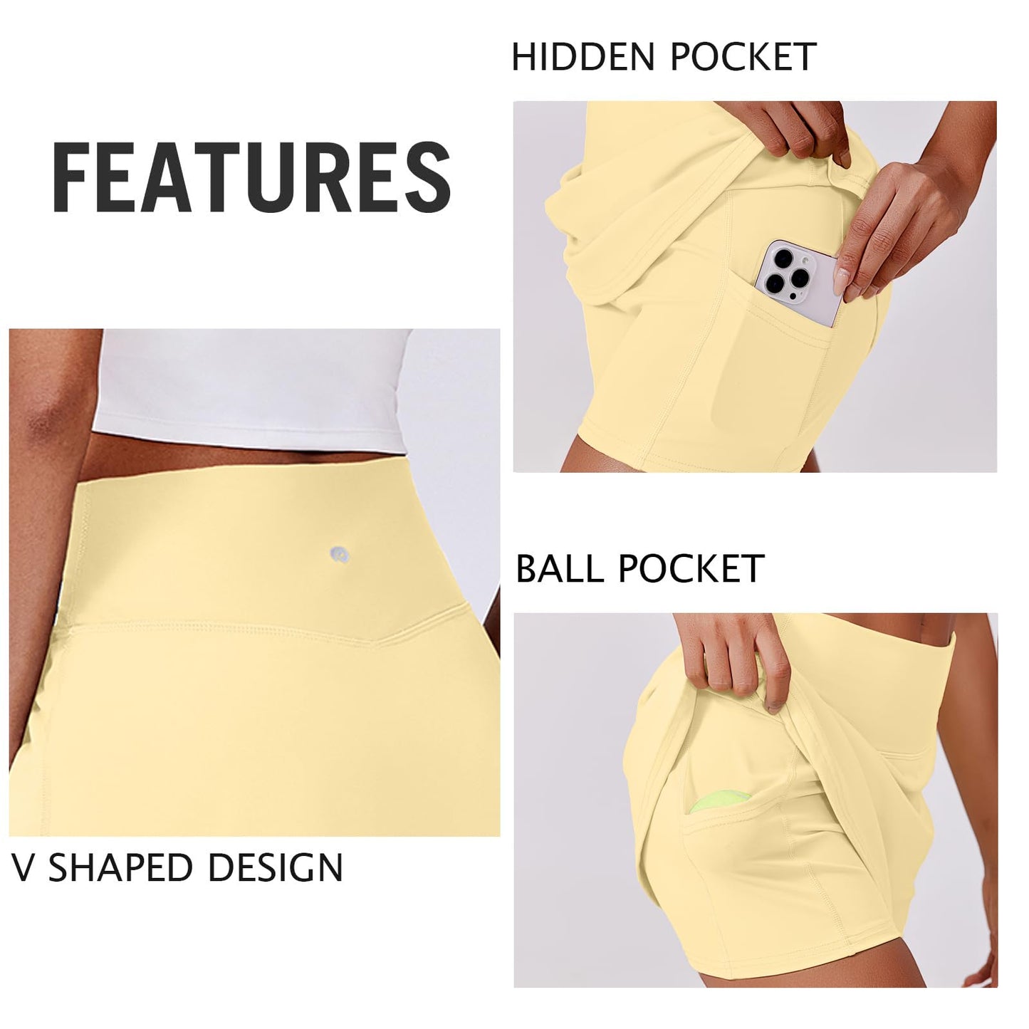 PINSPARK Skorts for Woman Stretchy Tennis Skirts Built-in Shorts Workout Skort Skirts Lightweight Golf Skort Activewear, Butter Yellow XS