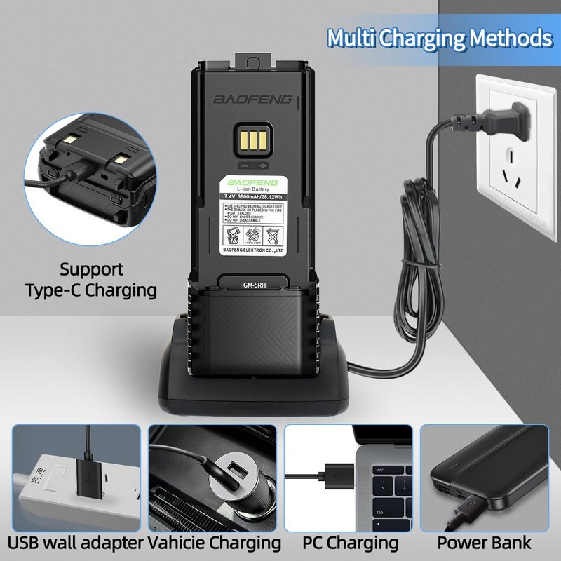 BAOFENG BF-F8HP PRO AR-5RM Battery Rechargeable 3800mAh Extended Battery Compatible with UV-5G Plus,UV-5RH PRO GPS,5RM,GM-5RH GMRS USB-C Charger for Ham Radio Handheld Walkie Talkies Accessories
