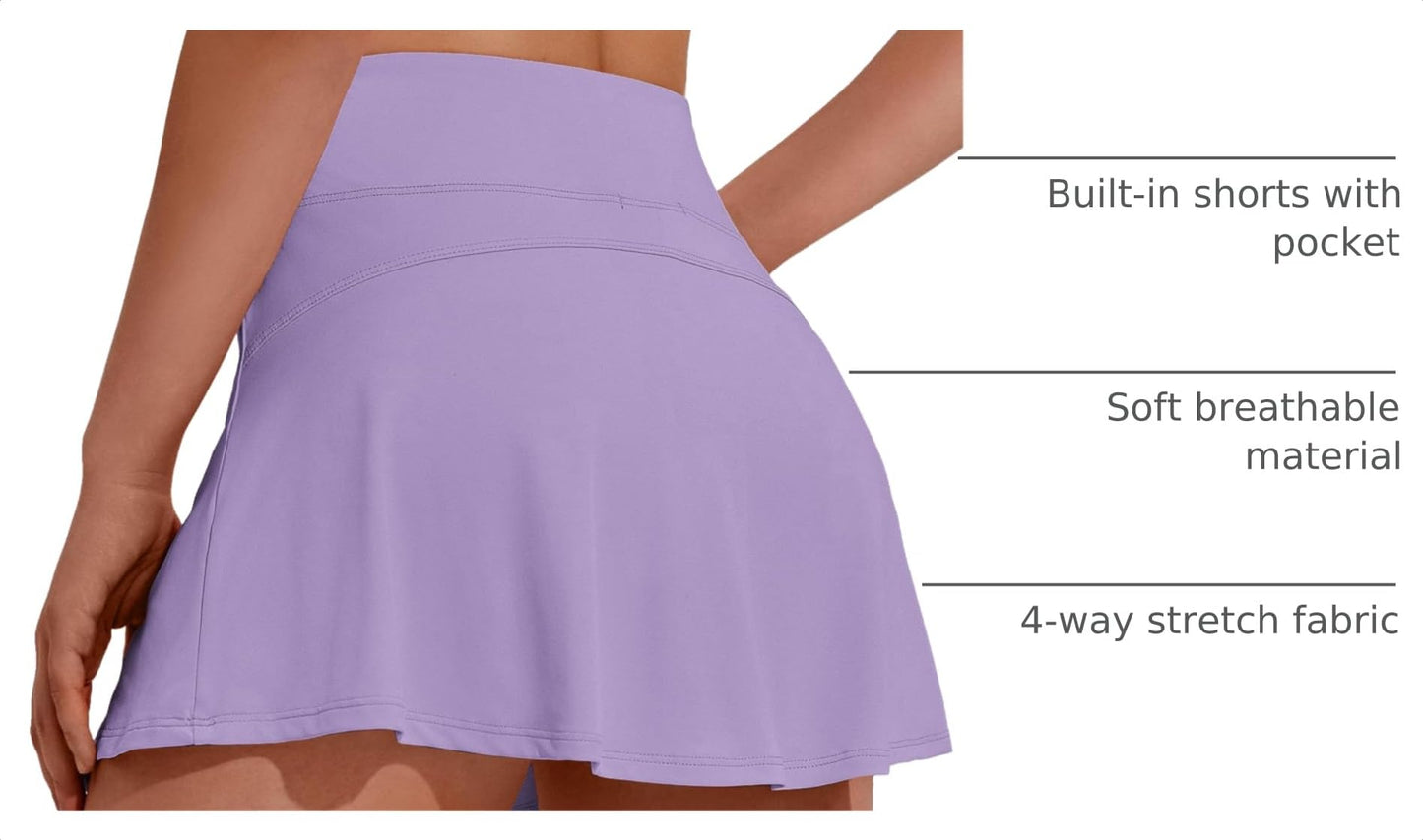 PINSPARK Skorts for Woman High Waist Tennis Skirts Pleated Athletic Skort Lightweight Workout Skirts Golf Outfits,Lilac Medium