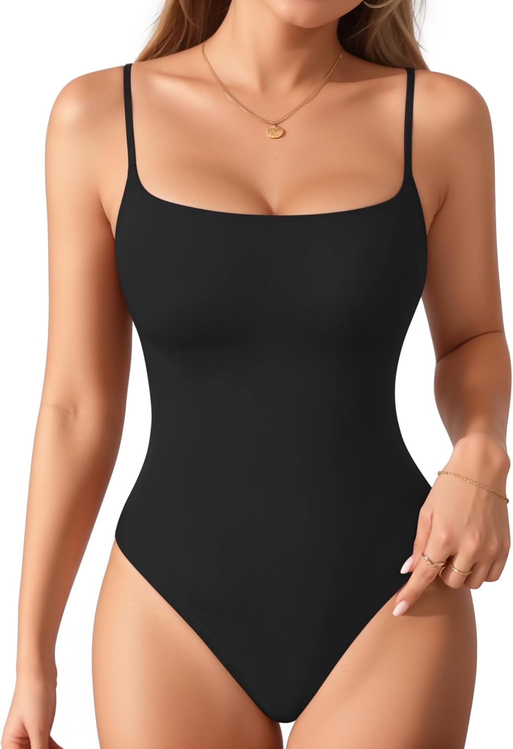 MANGOPOP Women's Cami Thong Bodysuit - Double Lined Square Neck, Backless | Adjustable Spaghetti Straps