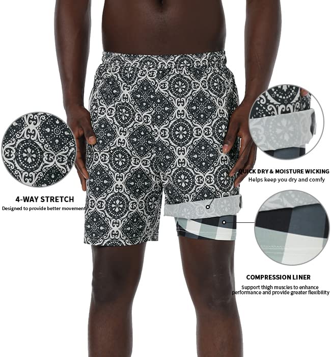 Ferriweel Men's Swim Trunks Quick Dry Swimwear Printed Beach Shorts with Compression Liner Zipper Pocket Grey X-Large