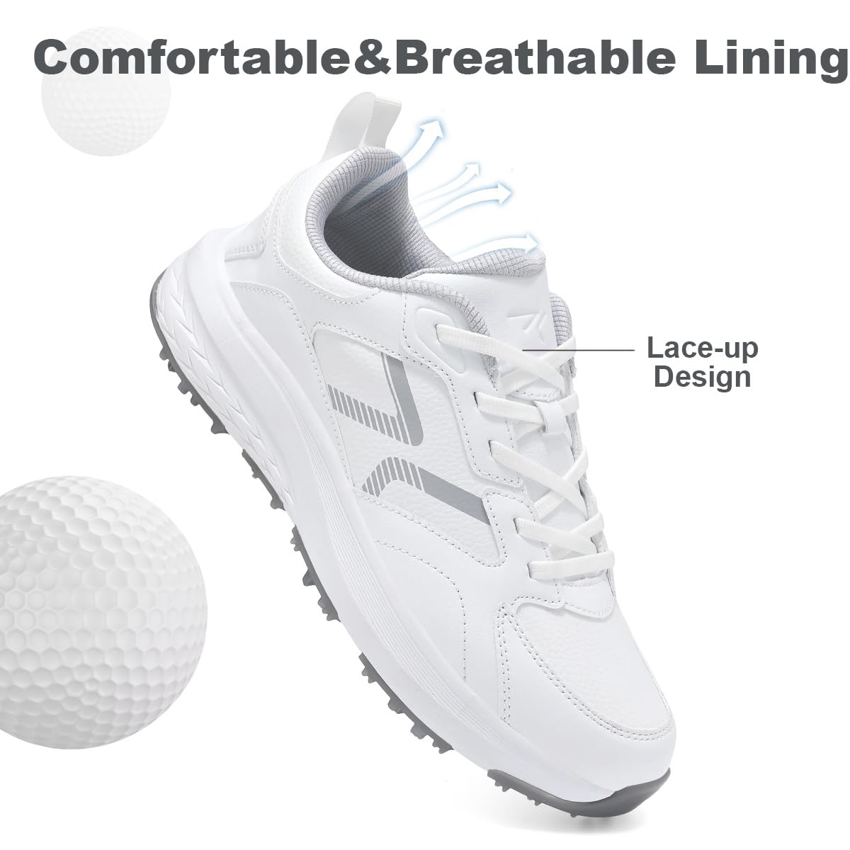 DARIBOM Mens Golf Shoes Spiked Non Slip Waterproof Golf Sneakers with Leather Upper Size 10.5(White)