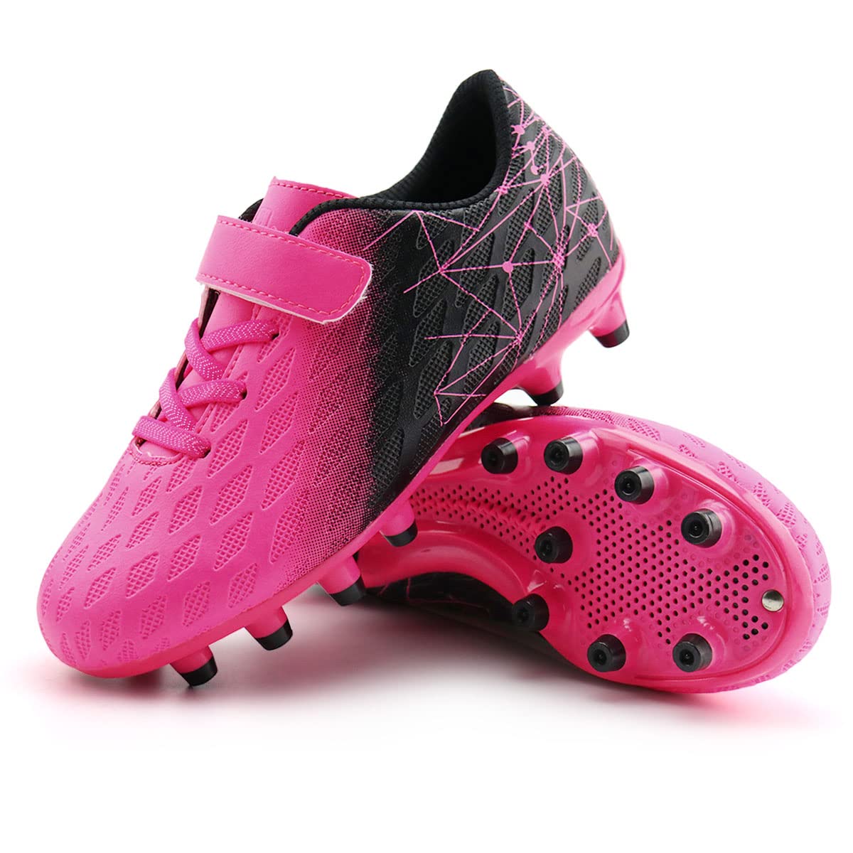 brooman Kids Firm Ground Soccer Cleats Boys Girls Athletic Outdoor Football Shoes (8,Fuchsia Black)