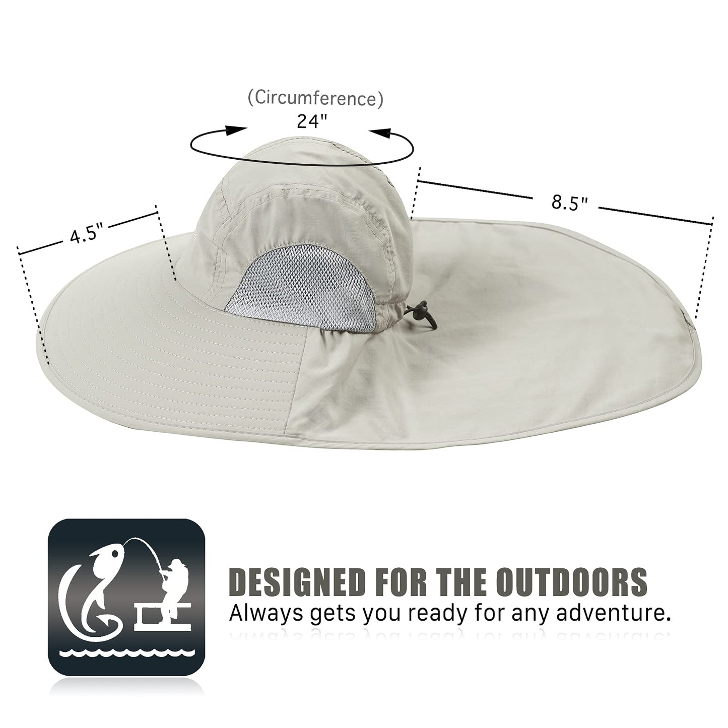 Outdoor Sun Hat for Men with 50+ UPF Protection Safari Cap Wide Brim Fishing Hat with Neck Flap, for Dad Light Grey