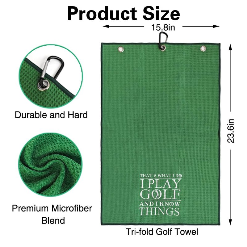 WUUCKOO That's What I Do I Play Golf and I Know Things Embroidered Green Golf Towel, Funny Golf Towel for Golf Bag with Clip, Thanksgiving Birthday Retirement Gift for Grandpa Dad Golfer Golf Lover