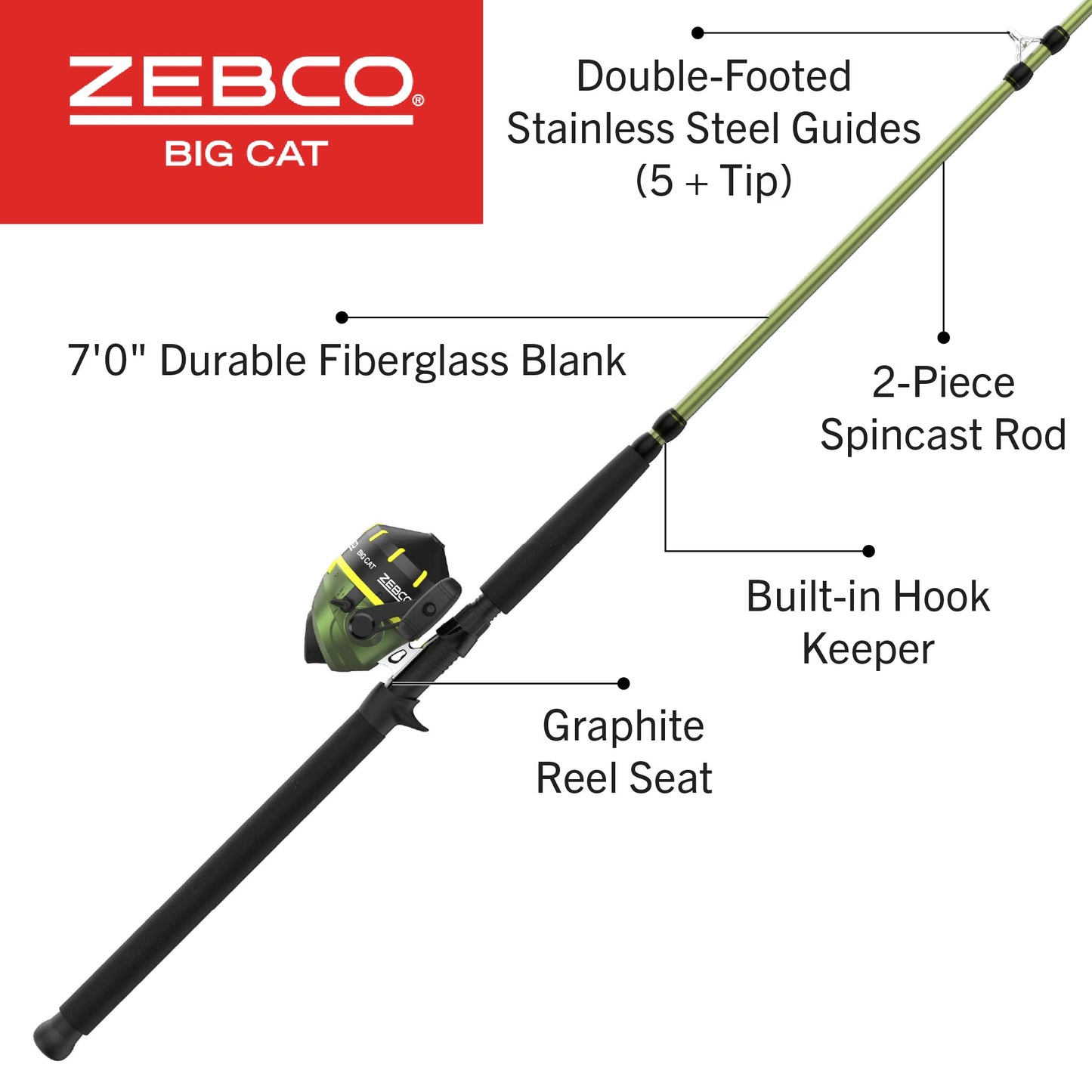 Zebco Big Cat Spincast Reel and Fishing Rod Combo, 7-Foot 2-Piece Fishing Pole, Dial-Adjustable Magnum Drag, Pre-Spooled with 25-Pound Hi-Vis Line, Size 80 Reel, Forest Green