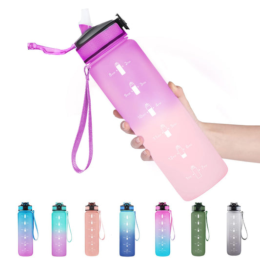 EYQ 32 oz Water Bottle with Time Marker, Carry Strap, Leak-Proof Tritan BPA-Free, Ensure You Drink Enough Water for Fitness, Gym, Camping, Outdoor Sports(purple/pink)