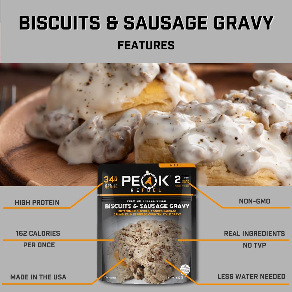 Peak Refuel Biscuits and Gravy | Premium Freeze Dried Camping Food | Backpacking & Hiking MRE Meals | Just Add Water | 100% Real Meat | 53g of Protein | 2 Serving Pouch (2 Serving Pouch)