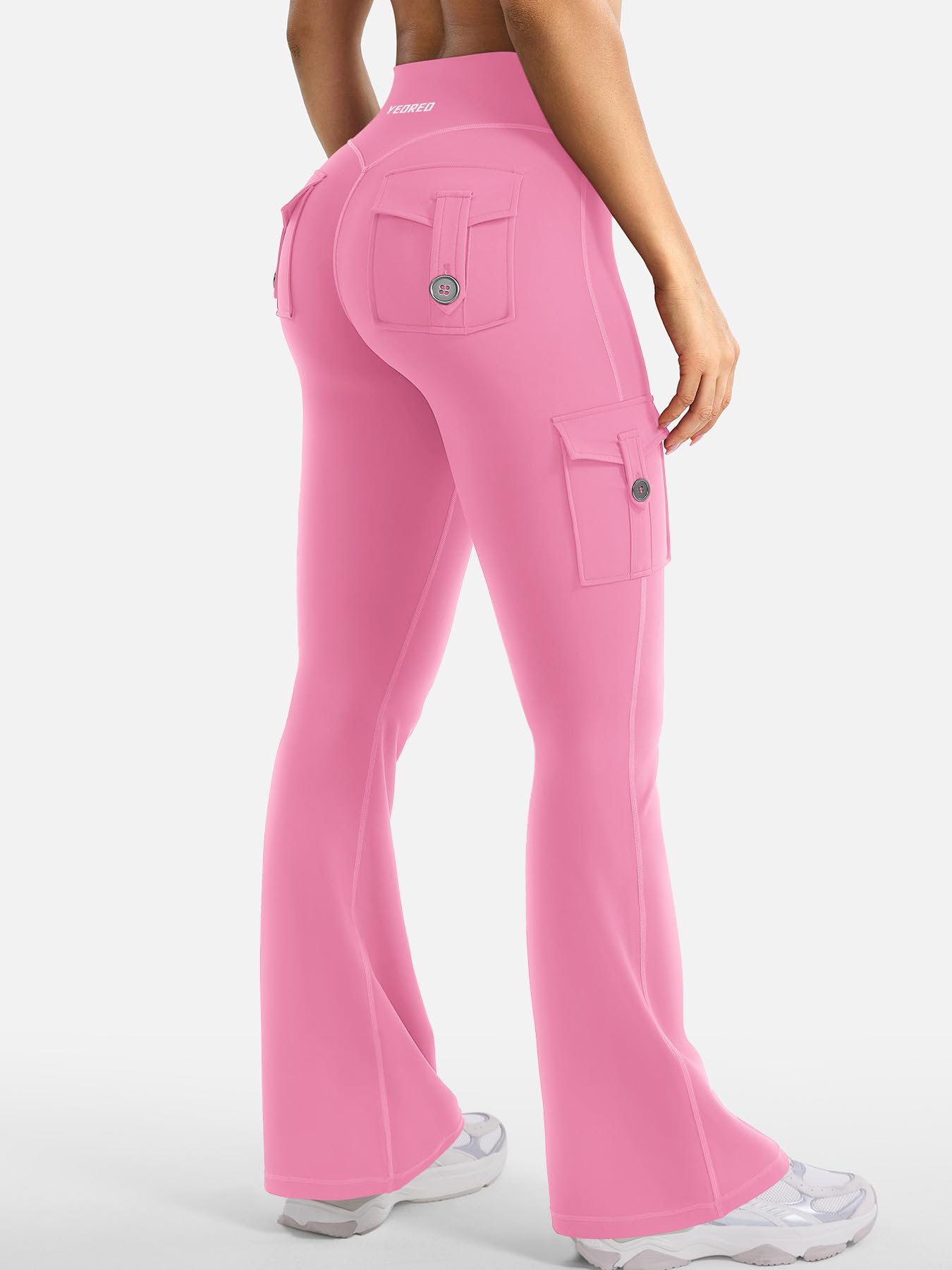 YEOREO CoreFlex Women Workout Flare Leggings with Pockets Hidden Scrunch High Waisted Cargo Gym Yoga No Front Seam Leggings Pink L