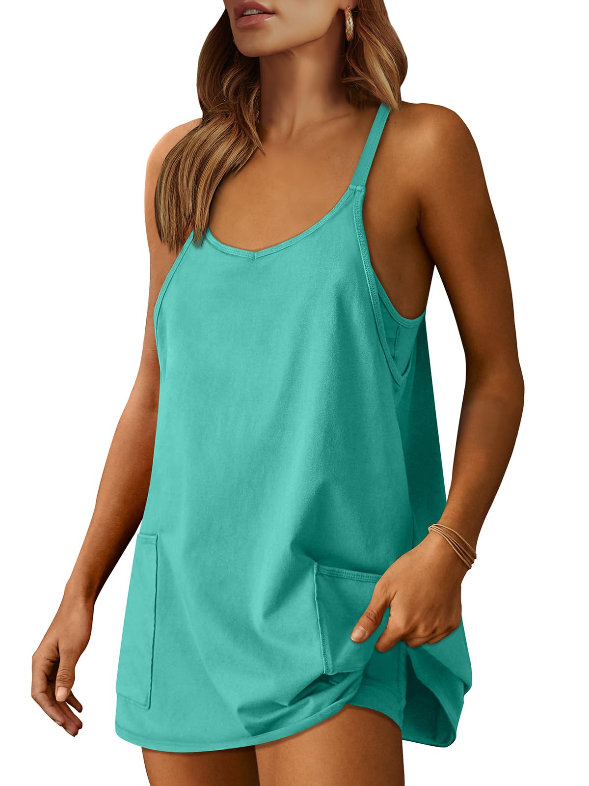ANRABESS Women Athletic Dress Summer Tennis Workout Active Sports Mini Romper Dress Built in Shorts Travel Vacation Clothes Cyan XX-Large