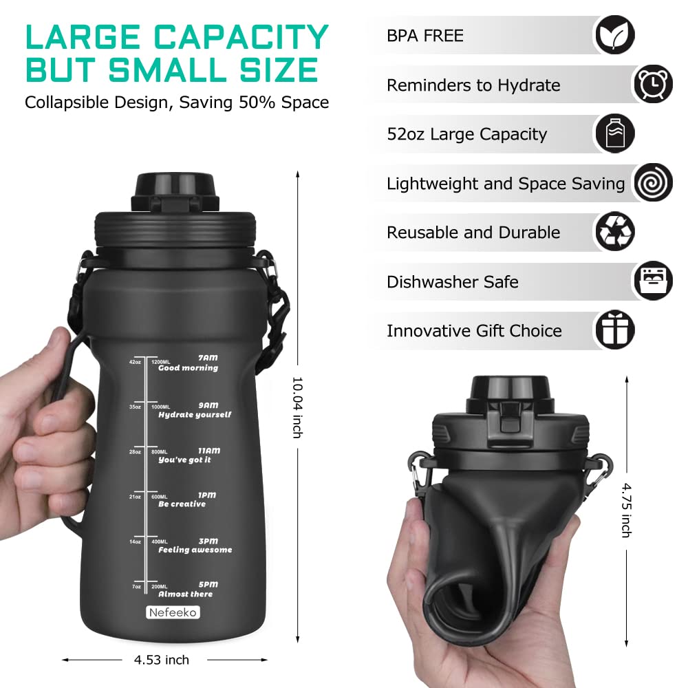 Nefeeko Collapsible Water Bottles, 1.5L Reusable Collapsible Water Bottle for Travel Leakproof, BPA Free Foldable Silicone Water Bottles with Straw for Traveling Sport Gym Camping Hiking