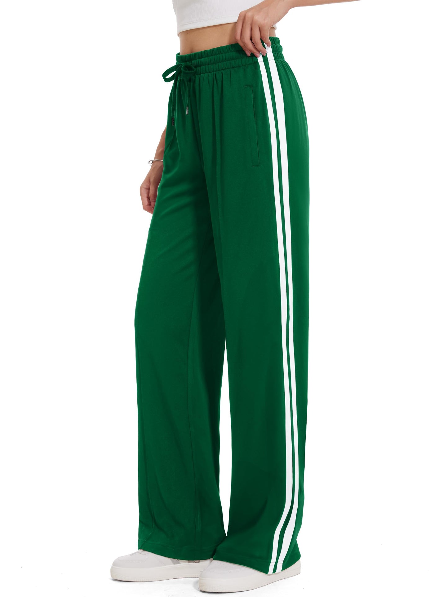 Tapata Tall Women 34" Inseam Warm Up Track Pants Wide Leg Sweatpants Lightweight Side Stripe Ladies Slacks Workout, Green, L