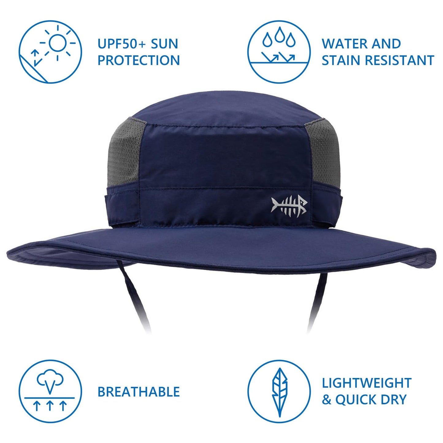 BASSDASH UPF 50+ Fishing Sun Hat Water Resistant Unisex Wide Brim Bucket Boonie Hat for Hiking Camping Safari FH15 Dark Blue