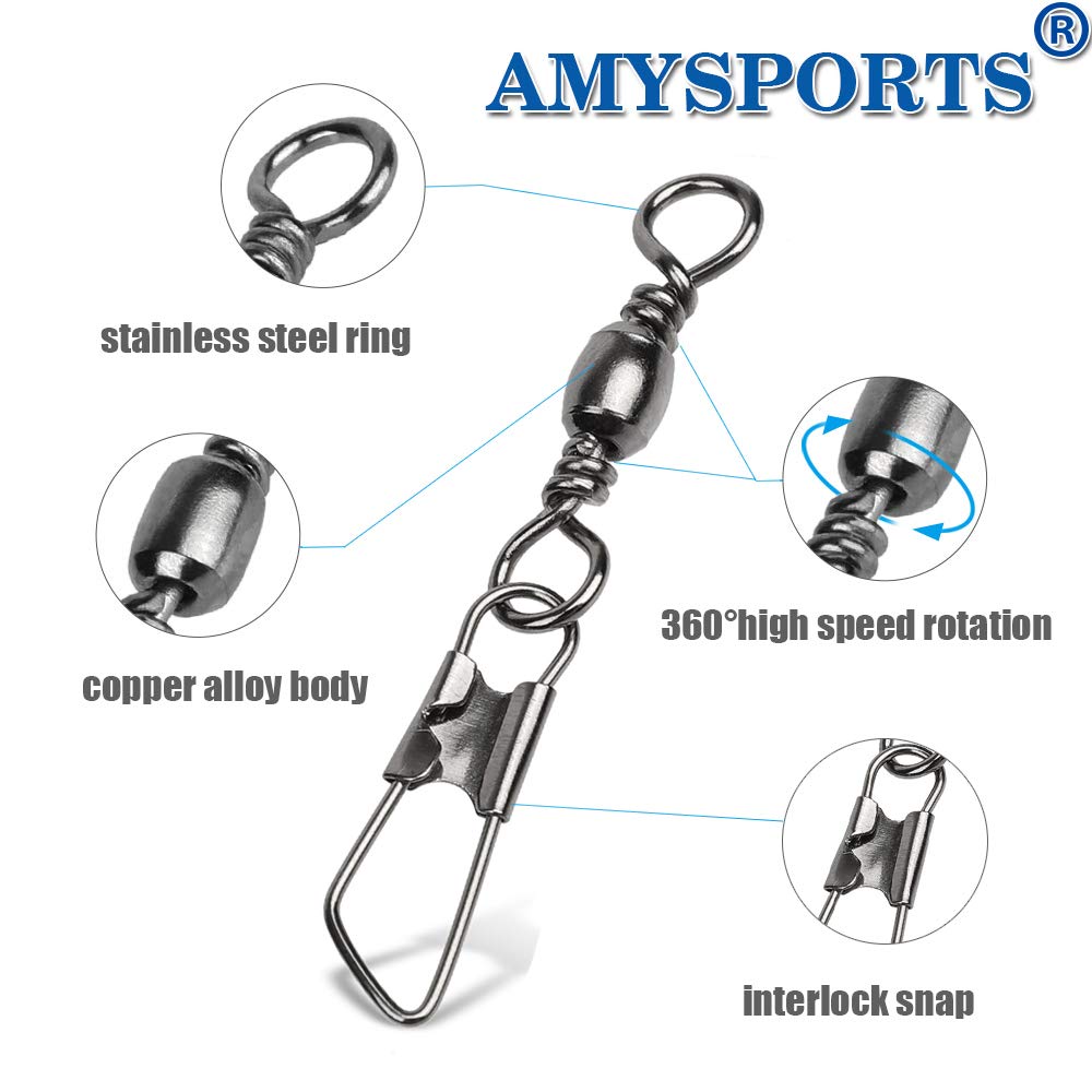 AMYSPORTS Stainless Steel Snap Swivel Saltwater High Strength Snaps Fishing Barrel Line Connector Fishing Swivels Barrel Safety Snap Fishing Tackle Stainless Steel Accessories 50pcs 74lbs