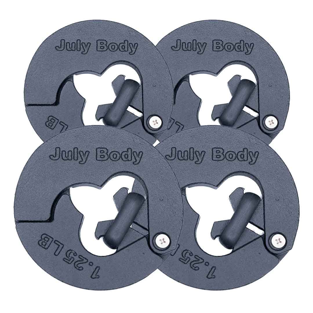 July Body 1.25 Pound Weight Clips – Adds 2.5 Total Pounds - For Dumbbells, Kettlebells, and Barbells - 1.25 Weight - Dumbbell Add Weight - Dumbbell Weight Clips - Weight Clip - Fractional Weight Plates (4 Clip Pack)