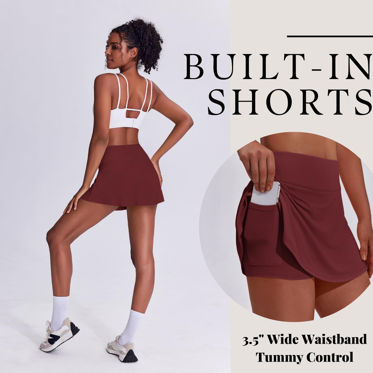 PINSPARK Skorts for Woman High Waisted Tennis Skirt Lightweight Golf Skirts with Pockets Flowy Pickleball Skirt Stretchy Athletic Skorts, Red Merlot Small