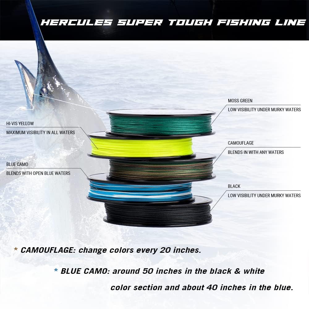 HERCULES Super Tough Braided Fishing Line - 4/8 Strands, 4lb-160lb | 150-1000 Yards for Saltwater Use