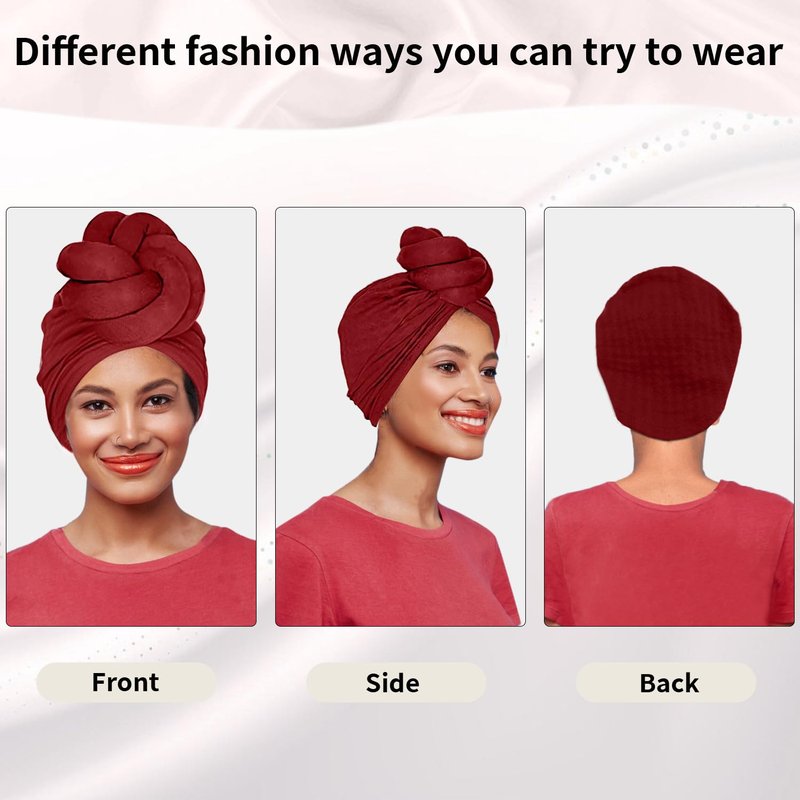 LVBGQVL Women Turbans and Head Wraps, Women African Turban Flower Knot Pre-Tied Bonnet Beanie Cap Headwrap Wine Red