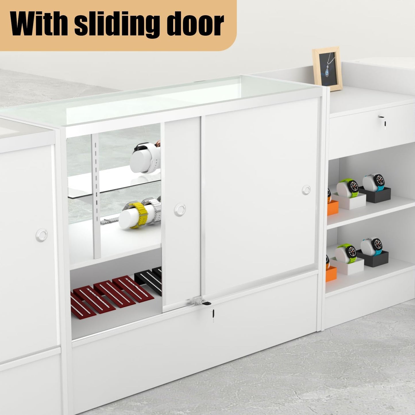 White Retail Display Case - 48” W x 18” D x 38” H | Illuminated Glass Showcase with Storage