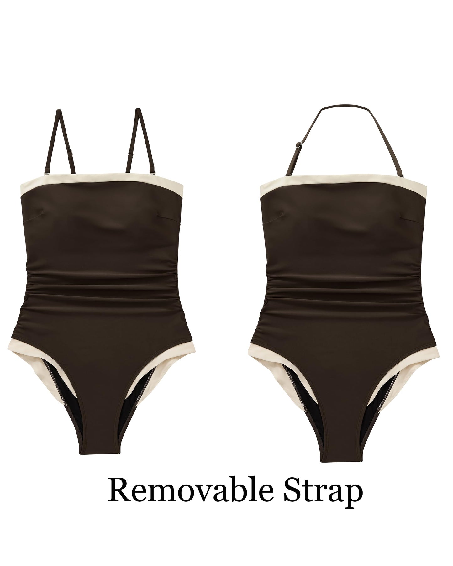 SUUKSESS Women Sexy One piece Tummy Control Swimsuit Strapless Bandeau Slimming Halter Swimwear 2025 Colorblock Backless Bathing Suit (Brown,Medium)