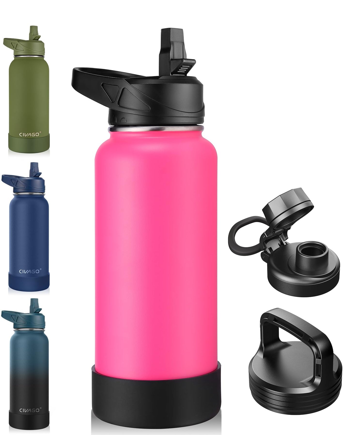 CIVAGO 32 oz Insulated Water Bottle With Straw, Stainless Steel Sports Water Flask Cup with 3 Lids (Straw, Spout and Handle Lid), Double Walled Travel Thermal Canteen Mug, Hot Pink