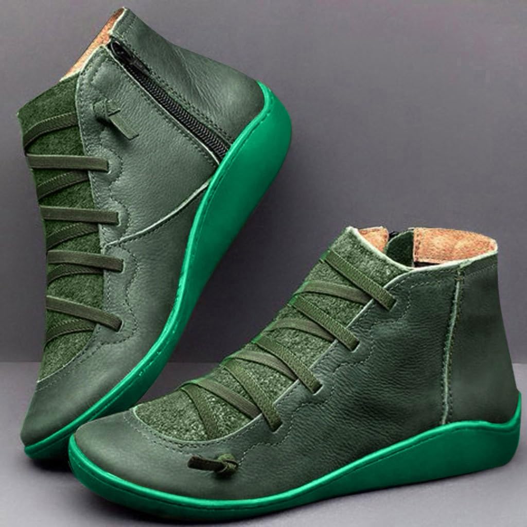 Women's Flat Boots Leather Round Toe Lace-up Shoe Side Zipper Retro Solid Casual Boots Walking Sneakers For Ladies Green, 9.5-10