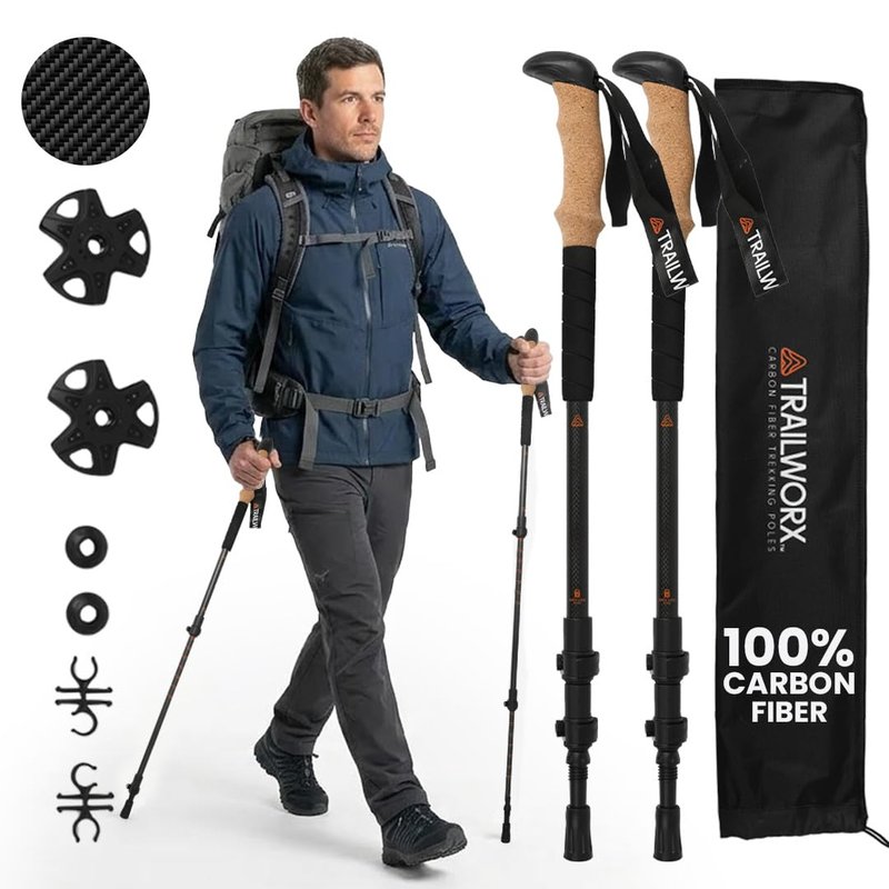 TRAILWORX 3K Carbon Fiber Trekking Poles, Collapsible Set of 2 Lightweight Adjustable Hiking Poles 24.5"-54" with Cork Grip, Tungsten Carbide Tips, Black, Includes Carry Bag, Snow & Mud Baskets